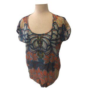 Daytrip Colorful Geometric beaded ruched back sheer top cap sleeves size small